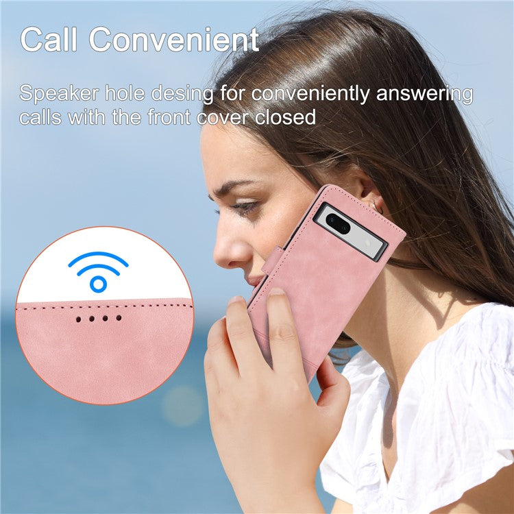 DIERFENG DF-03 PU Leather Wallet Case for Google Pixel 7a, Lines Imprinted Cell Phone Stand Cover - Pink