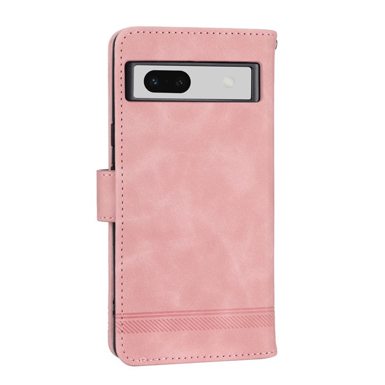 DIERFENG DF-03 PU Leather Wallet Case for Google Pixel 7a, Lines Imprinted Cell Phone Stand Cover - Pink