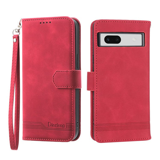 DIERFENG DF-03 PU Leather Wallet Case for Google Pixel 7a, Lines Imprinted Cell Phone Stand Cover - Red