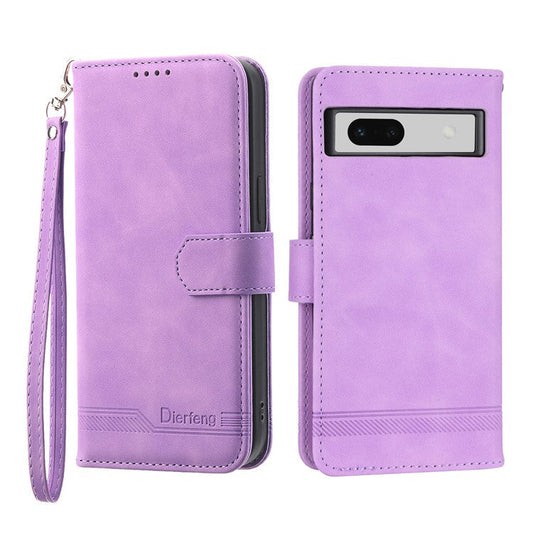 DIERFENG DF-03 PU Leather Wallet Case for Google Pixel 7a, Lines Imprinted Cell Phone Stand Cover - Purple