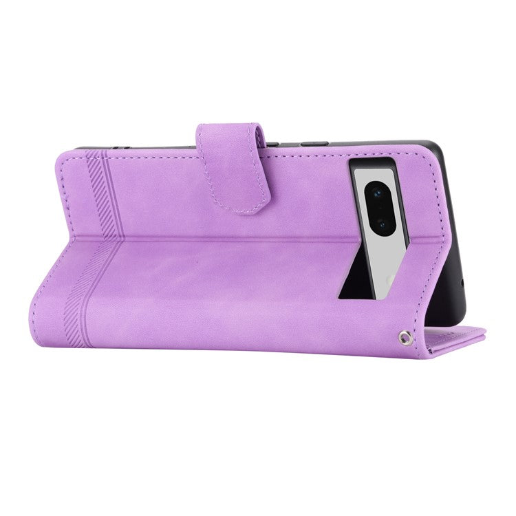 DIERFENG DF-03 PU Leather Wallet Case for Google Pixel 7a, Lines Imprinted Cell Phone Stand Cover - Purple