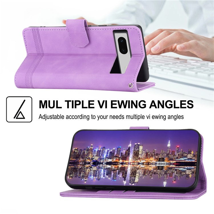 DIERFENG DF-03 PU Leather Wallet Case for Google Pixel 7a, Lines Imprinted Cell Phone Stand Cover - Purple
