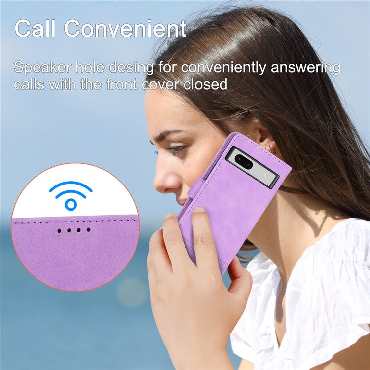 DIERFENG DF-03 PU Leather Wallet Case for Google Pixel 7a, Lines Imprinted Cell Phone Stand Cover - Purple
