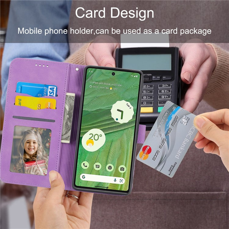 DIERFENG DF-03 PU Leather Wallet Case for Google Pixel 7a, Lines Imprinted Cell Phone Stand Cover - Purple