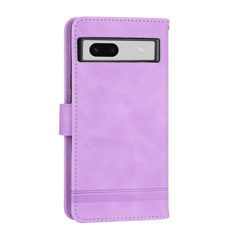 DIERFENG DF-03 PU Leather Wallet Case for Google Pixel 7a, Lines Imprinted Cell Phone Stand Cover - Purple