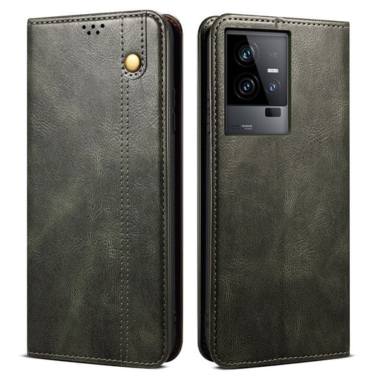 PU Leather Phone Case for vivo iQOO 11 5G, Waxy Crazy Horse Texture Stand Phone Wallet Cover - Green