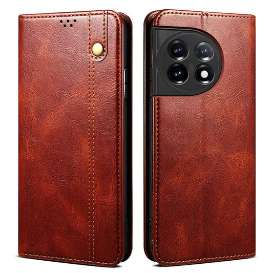 Phone Stand Case for OnePlus 11 5G, PU Leather Waxy Crazy Horse Texture Stand Smartphone Cover - Brown