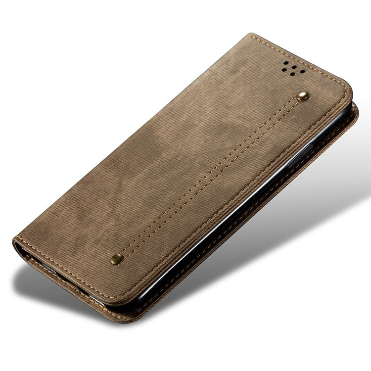 PU Leather Phone Stand Case for OnePlus 11 5G, Jeans Cloth Texture Cell Phone Wallet Cover - Khaki