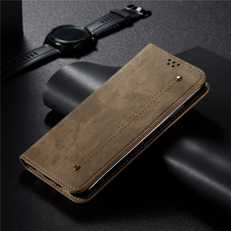 PU Leather Phone Stand Case for OnePlus 11 5G, Jeans Cloth Texture Cell Phone Wallet Cover - Khaki