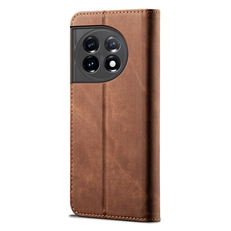 PU Leather Phone Stand Case for OnePlus 11 5G, Jeans Cloth Texture Cell Phone Wallet Cover - Coffee
