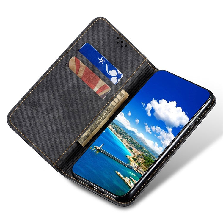 PU Leather Phone Stand Case for OnePlus 11 5G, Jeans Cloth Texture Cell Phone Wallet Cover - Black