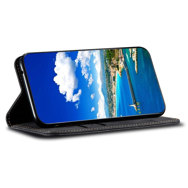 PU Leather Phone Stand Case for OnePlus 11 5G, Jeans Cloth Texture Cell Phone Wallet Cover - Black