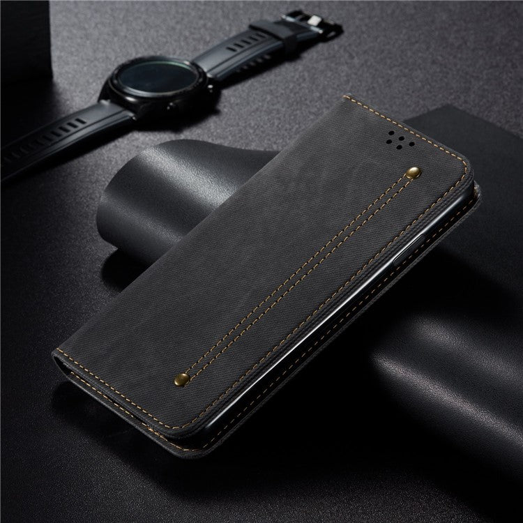 PU Leather Phone Stand Case for OnePlus 11 5G, Jeans Cloth Texture Cell Phone Wallet Cover - Black