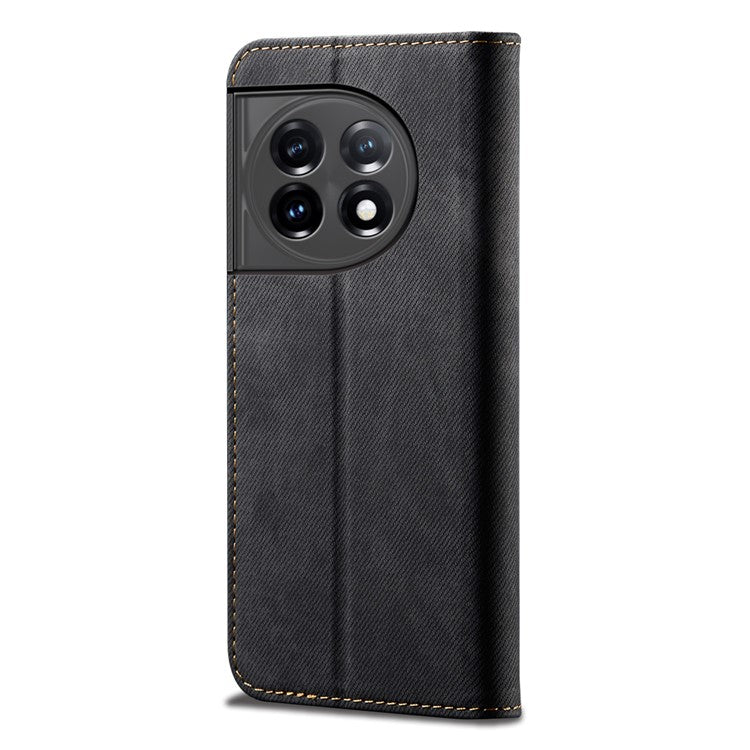 PU Leather Phone Stand Case for OnePlus 11 5G, Jeans Cloth Texture Cell Phone Wallet Cover - Black