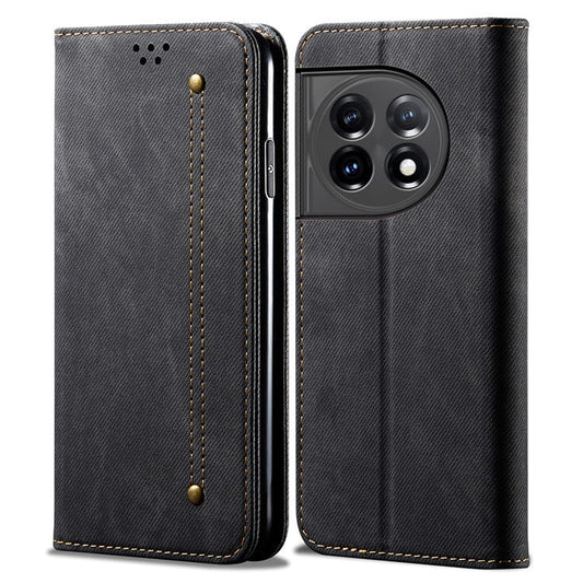 Phone Leather Case for OnePlus Ace 2 5G / 11R 5G, Jeans Cloth Texture PU Leather Wallet Stand Phone Cover - Black