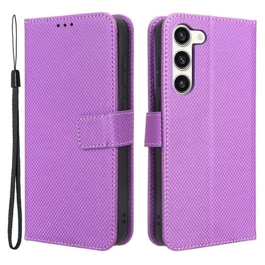 Wallet Stand Phone Case for Samsung Galaxy S23+, Anti-scratch Diamond Texture PU Leather Phone Cover - Purple
