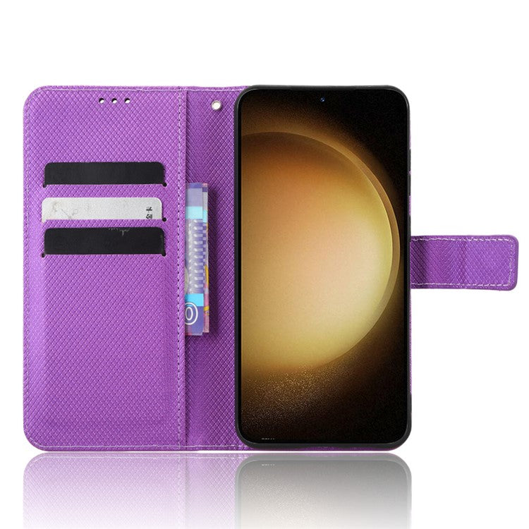 Wallet Stand Phone Case for Samsung Galaxy S23+, Anti-scratch Diamond Texture PU Leather Phone Cover - Purple