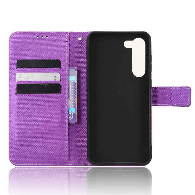 Wallet Stand Phone Case for Samsung Galaxy S23+, Anti-scratch Diamond Texture PU Leather Phone Cover - Purple