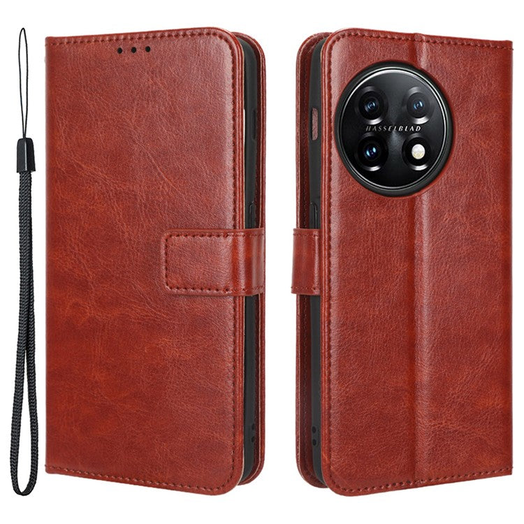 Anti-fall Leather Phone Cover for OnePlus 11 5G, Crazy Horse Texture Protective Phone Case Stand Wallet with Strap - Brown
