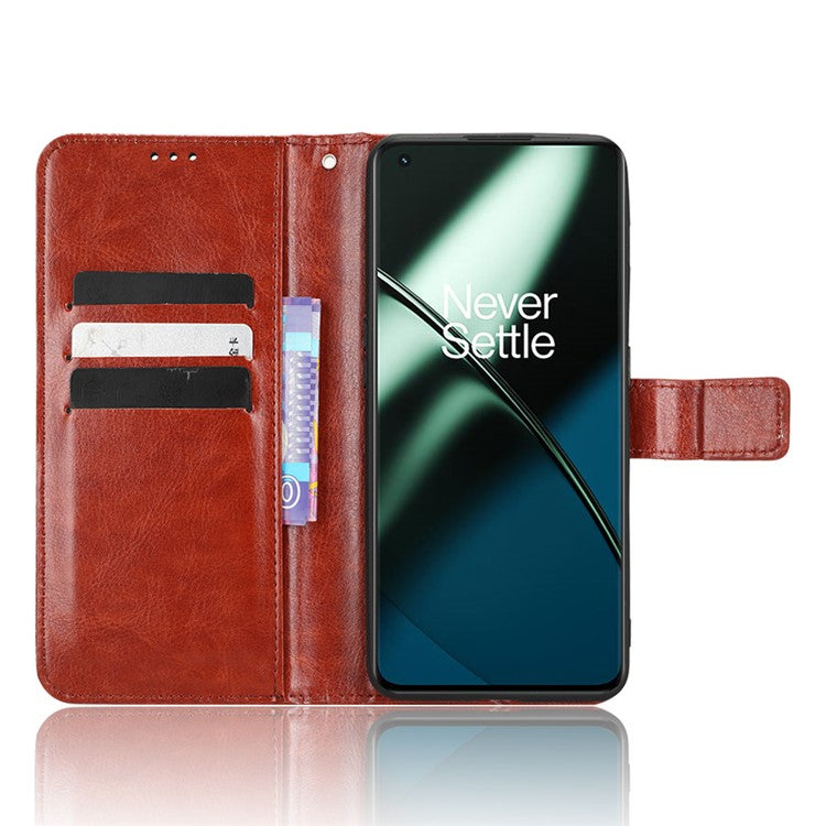 Anti-fall Leather Phone Cover for OnePlus 11 5G, Crazy Horse Texture Protective Phone Case Stand Wallet with Strap - Brown