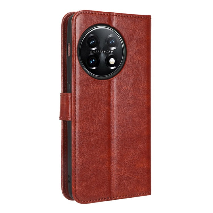 Anti-fall Leather Phone Cover for OnePlus 11 5G, Crazy Horse Texture Protective Phone Case Stand Wallet with Strap - Brown