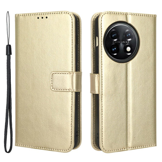 Anti-fall Leather Phone Cover for OnePlus 11 5G, Crazy Horse Texture Protective Phone Case Stand Wallet with Strap - Gold