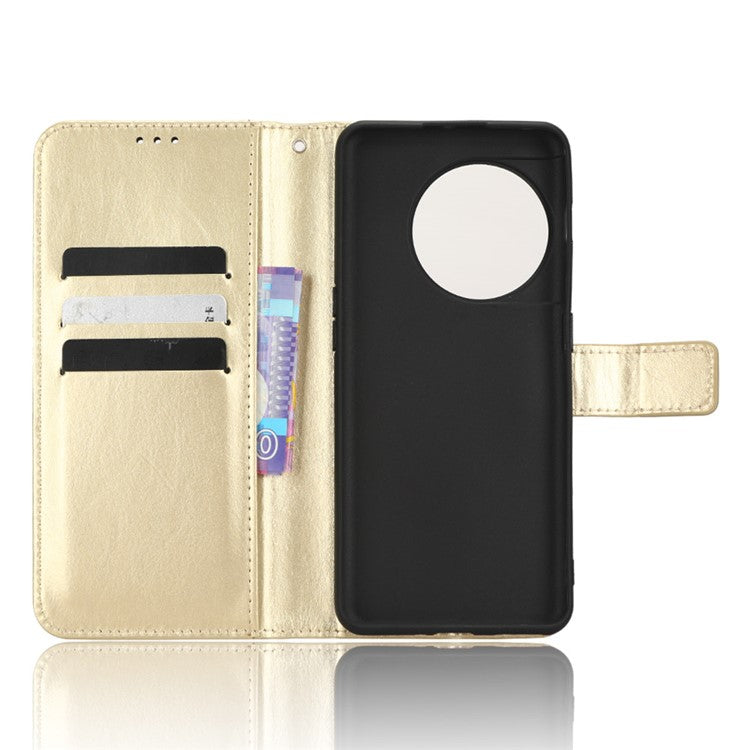 Anti-fall Leather Phone Cover for OnePlus 11 5G, Crazy Horse Texture Protective Phone Case Stand Wallet with Strap - Gold