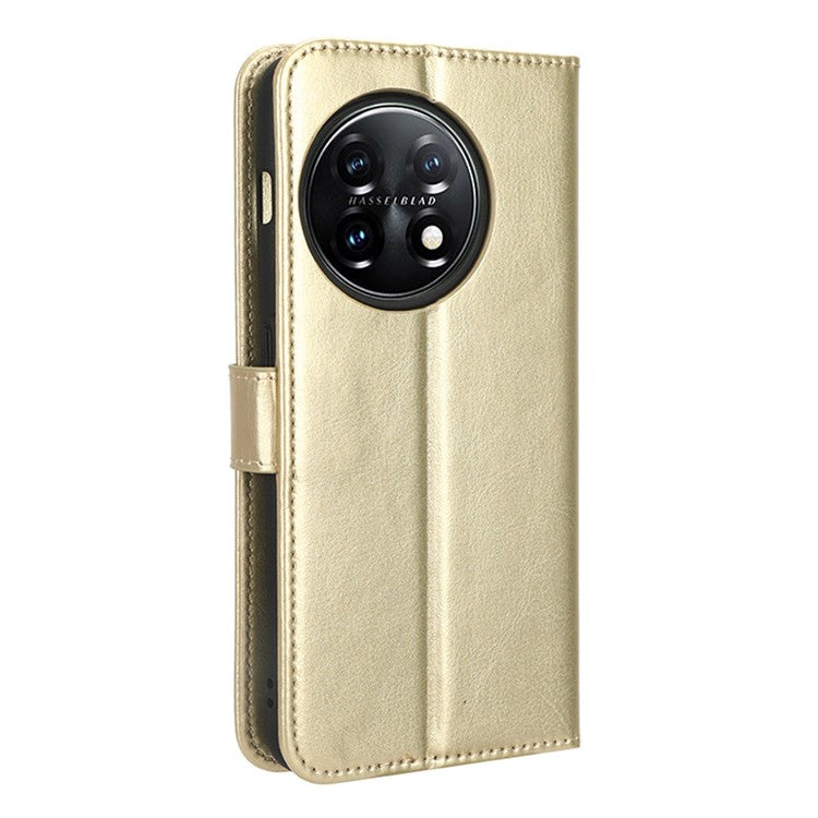 Anti-fall Leather Phone Cover for OnePlus 11 5G, Crazy Horse Texture Protective Phone Case Stand Wallet with Strap - Gold