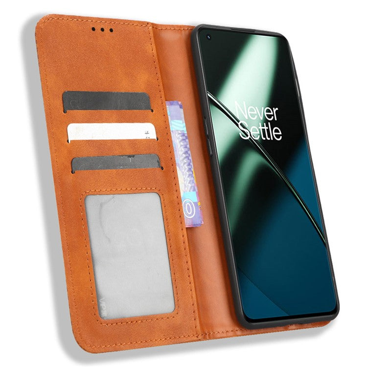 Cell Phone Cover with Stand For OnePlus 11 5G, Magnetic Retro Texture Wallet Drop-proof PU Leather Phone Case - Brown