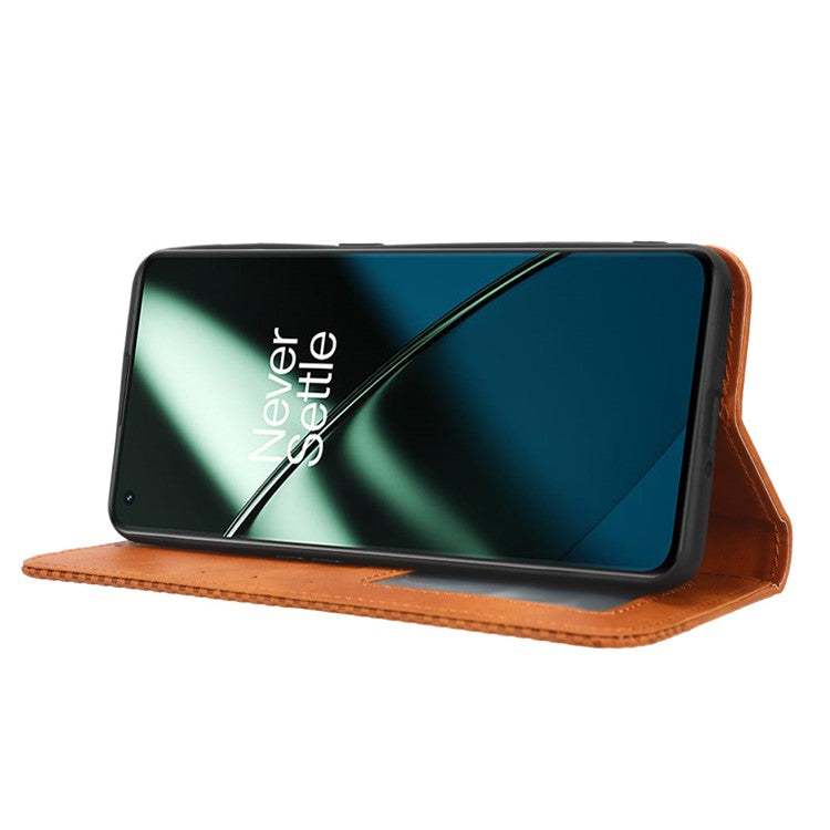 Cell Phone Cover with Stand For OnePlus 11 5G, Magnetic Retro Texture Wallet Drop-proof PU Leather Phone Case - Brown