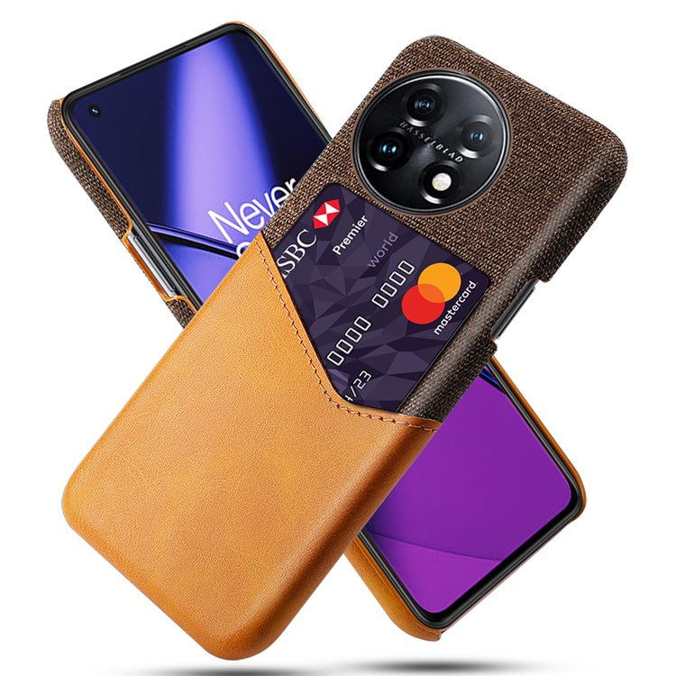 Anti-scratch Phone Cover For OnePlus 11 5G, Cloth Texture Phone Case Card Holder PU Leather Coated Hard PC Phone Shell - Brown