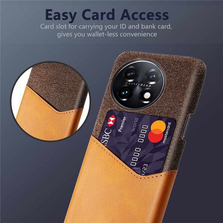 Anti-scratch Phone Cover For OnePlus 11 5G, Cloth Texture Phone Case Card Holder PU Leather Coated Hard PC Phone Shell - Brown