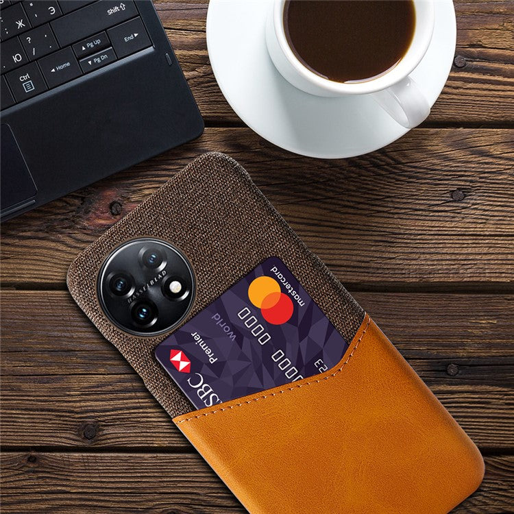 Anti-scratch Phone Cover For OnePlus 11 5G, Cloth Texture Phone Case Card Holder PU Leather Coated Hard PC Phone Shell - Brown