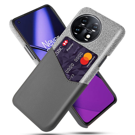 Anti-scratch Phone Cover For OnePlus 11 5G, Cloth Texture Phone Case Card Holder PU Leather Coated Hard PC Phone Shell - Grey