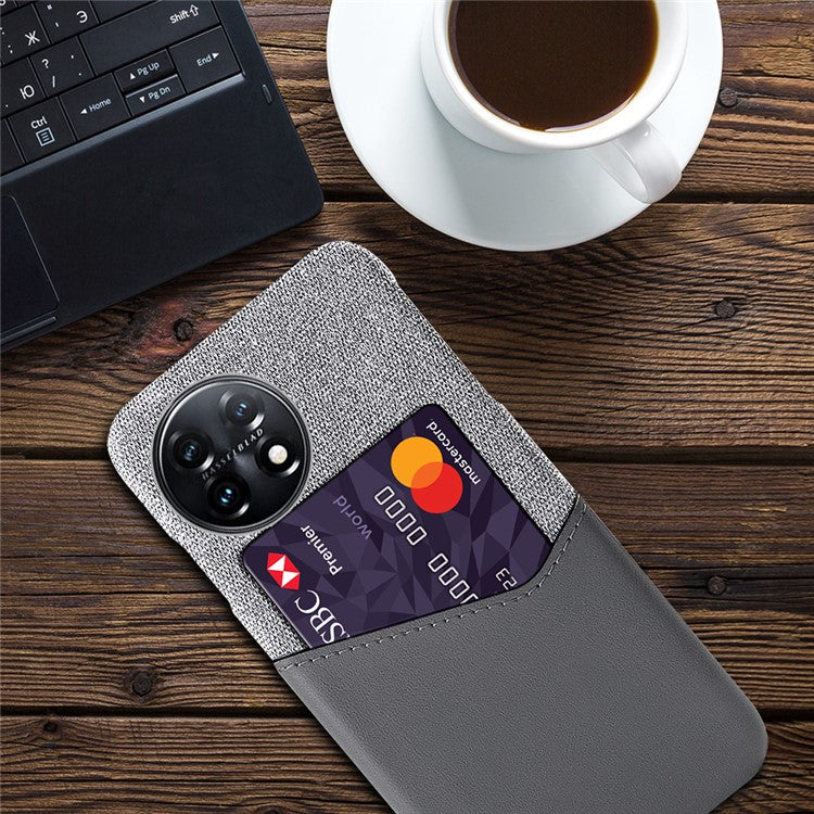 Anti-scratch Phone Cover For OnePlus 11 5G, Cloth Texture Phone Case Card Holder PU Leather Coated Hard PC Phone Shell - Grey