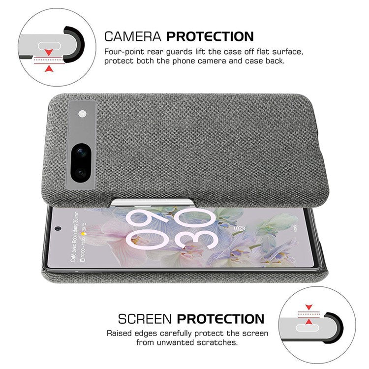 For Google Pixel 7a Non-slip Slim Smartphone Case Solid Color Anti-scratch Hard PC+Cloth Phone Cover - Grey
