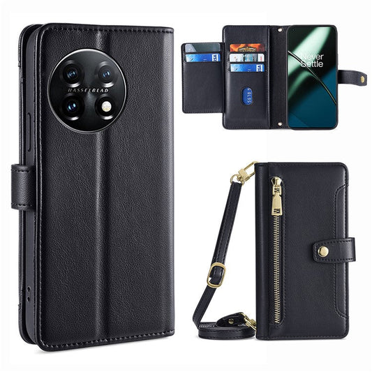 Shockproof Phone Case for OnePlus 11 5G, Zipper Pocket Card Slots Flip Leather Phone Cover with Straps - Black