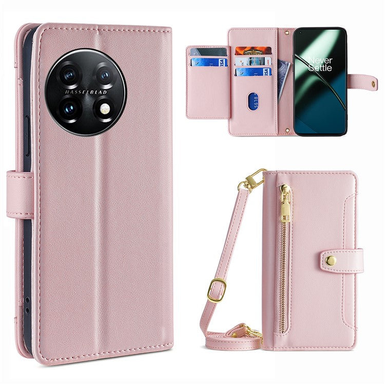 Shockproof Phone Case for OnePlus 11 5G, Zipper Pocket Card Slots Flip Leather Phone Cover with Straps - Pink
