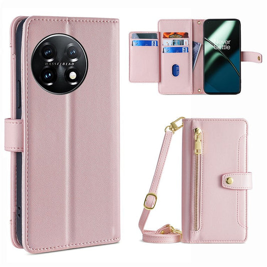 Shockproof Phone Case for OnePlus 11 5G, Zipper Pocket Card Slots Flip Leather Phone Cover with Straps - Pink