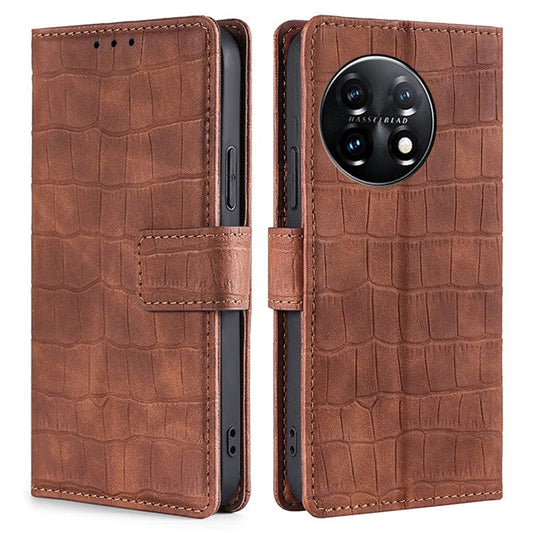Skin-friendly Phone Case For OnePlus 11 5G, Wallet Stand Crocodile Texture PU Leather + TPU Anti-fall Cell Phone Cover - Brown