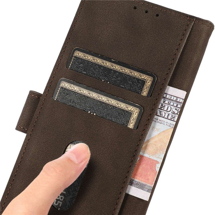 KHAZNEH PU Leather Phone Case for OnePlus 11 5G Textured Magnetic Clasp Stand Wallet Cover - Brown