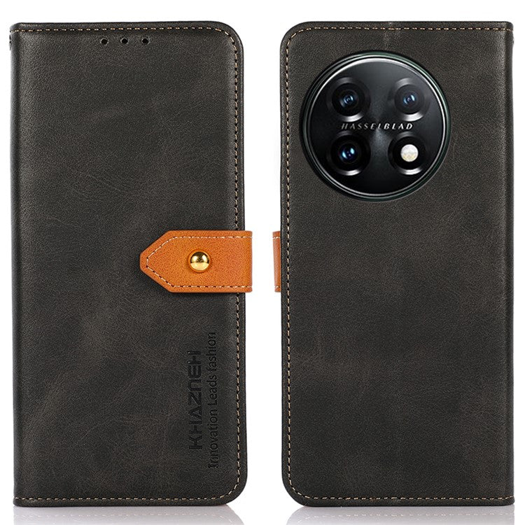 KHAZNEH For OnePlus 11 5G Cowhide Texture PU Leather Phone Case Gold Buckle Stand Wallet Flip Protective Cover - Black