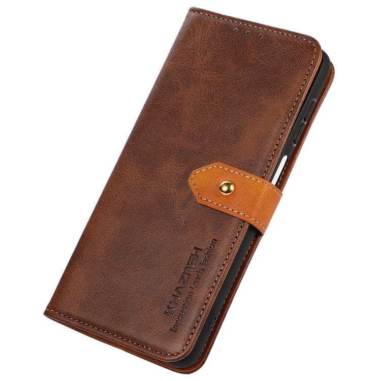 KHAZNEH For OnePlus 11 5G Cowhide Texture PU Leather Phone Case Gold Buckle Stand Wallet Flip Protective Cover - Brown