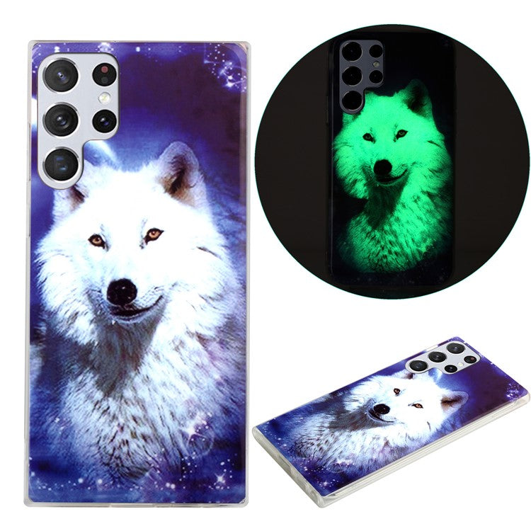 Soft TPU Phone Case for Samsung Galaxy S23 Ultra, Luminous Noctilucent Pattern Printing IMD Phone Cover - Wolf  /  Starry Sky