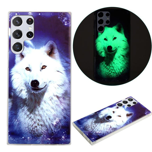 Soft TPU Phone Case for Samsung Galaxy S23 Ultra, Luminous Noctilucent Pattern Printing IMD Phone Cover - Wolf  /  Starry Sky