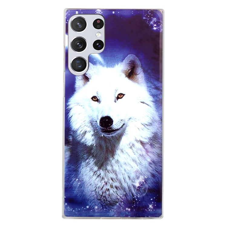 Soft TPU Phone Case for Samsung Galaxy S23 Ultra, Luminous Noctilucent Pattern Printing IMD Phone Cover - Wolf  /  Starry Sky