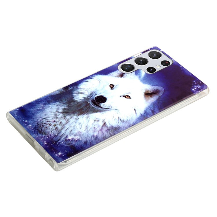 Soft TPU Phone Case for Samsung Galaxy S23 Ultra, Luminous Noctilucent Pattern Printing IMD Phone Cover - Wolf  /  Starry Sky