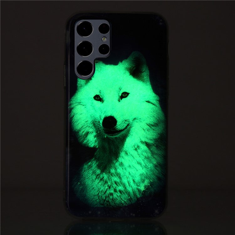 Soft TPU Phone Case for Samsung Galaxy S23 Ultra, Luminous Noctilucent Pattern Printing IMD Phone Cover - Wolf  /  Starry Sky
