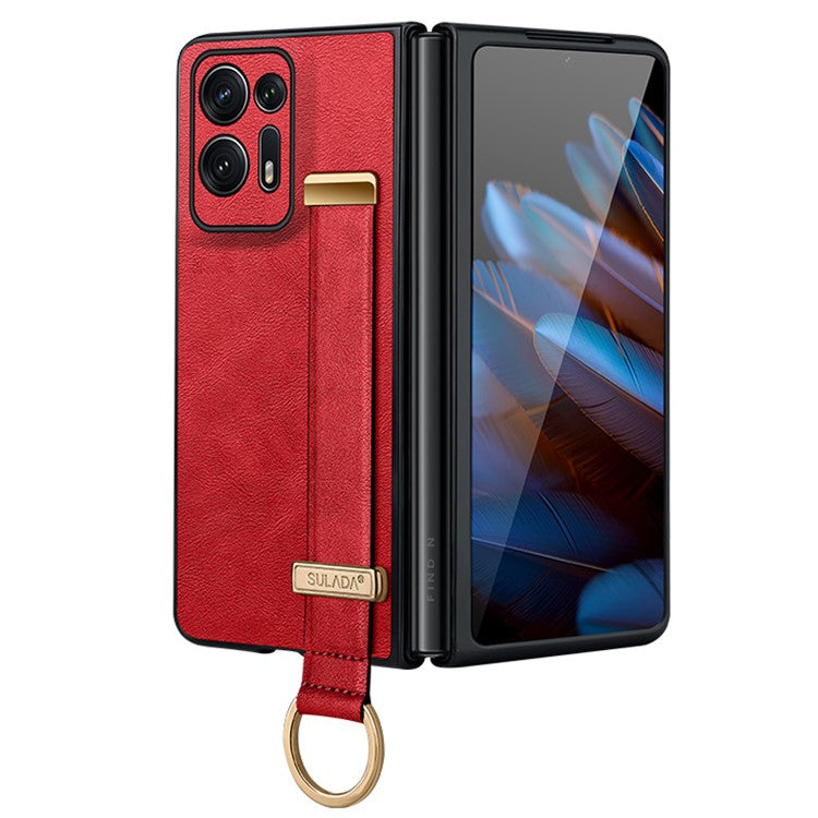 SULADA Fashion Series For Oppo Find N2 5G Crazy Horse Texture Phone Case Leather Coated PC + TPU Anti-drop Cover with Wristband Kickstand - Red
