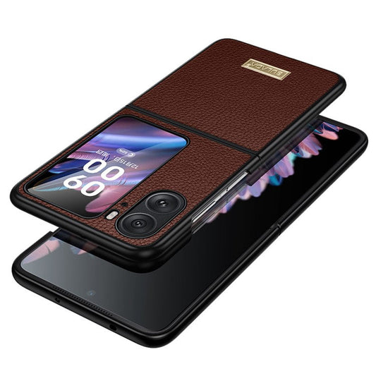SULADA for Oppo Find N2 Flip 5G Ultra-thin Electroplating Cover Litchi Texture PU Leather Coated PC + TPU Phone Case - Coffee